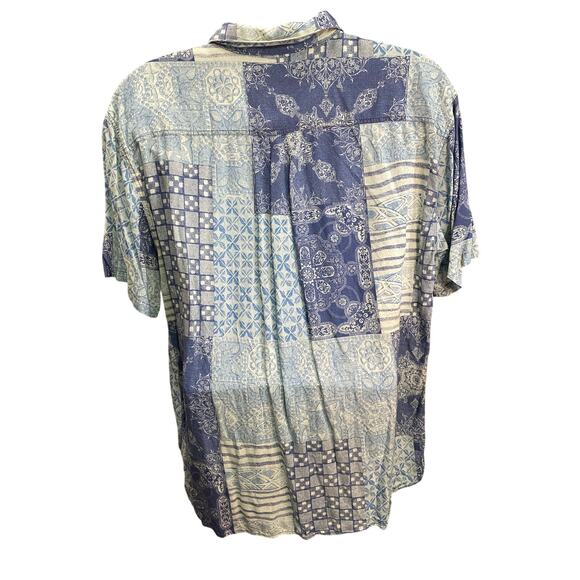 Lost Shirt Mens XL Blue Patchwork Denim Look Viscose/Linen Hawaiian Button Up - Picture 2 of 9